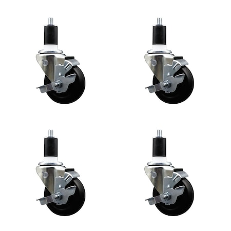 Service Caster 3.5'' Hard Rubber Swivel 1-1/2'' Expanding Stem Caster Set with Brake, 4PK SCC-EX20S3514-HRS-TLB-112-4